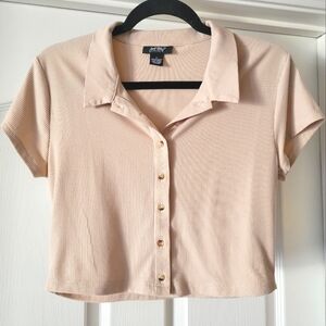 Just Polly Ribbed Button-up Shirt Crop Collar Button Down Cream Large